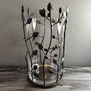 Metal leaves and glass round hurricane candle holder 14 inches